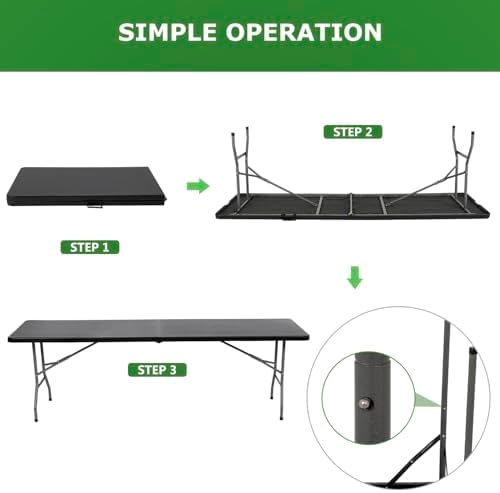 8FT Folding Table | Black | Portable Plastic Table, alternate view 4