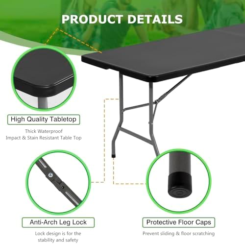 8FT Folding Table | Black | Portable Plastic Table, alternate view 7