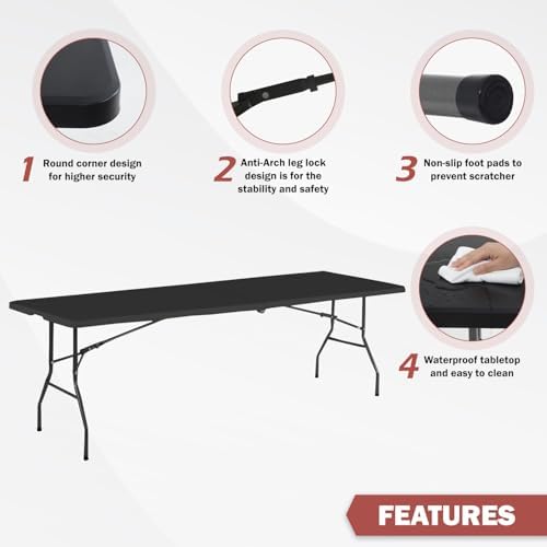 8FT Folding Table | Black | Portable Plastic Table, alternate view 4