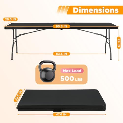 8FT Folding Table | Black | Portable Plastic Table, alternate view 3
