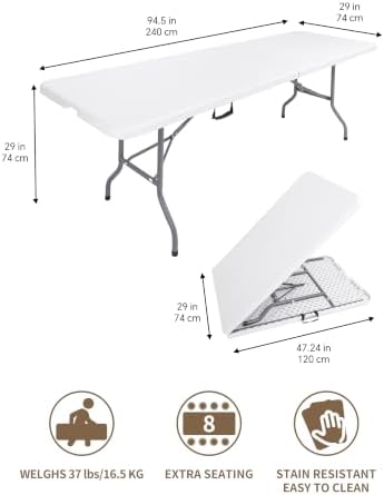 8ft Folding Table, Heavy Duty White Large Portable Foldable Table, alternate view 3