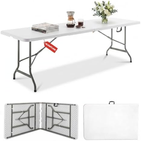 8FT Folding Table Portable Picnic Table Heavy-Duty Fold-in-Half Utility 8 Foot Foldtable Table with Carry Handle