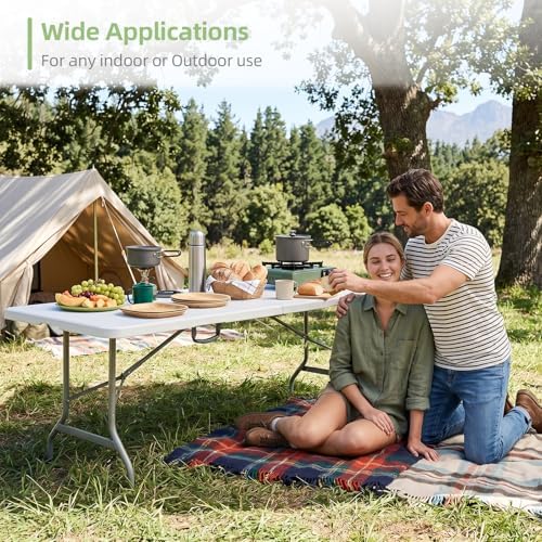 8FT Folding Table Portable Picnic Table Heavy-Duty Fold-in-Half Utility 8 Foot Foldtable Table with Carry Handle, alternate