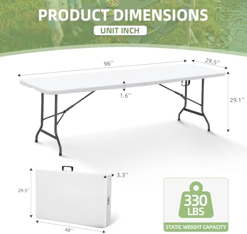 8FT Folding Table Portable Picnic Table Heavy-Duty Fold-in-Half Utility 8 Foot Foldtable Table with Carry Handle, alternate