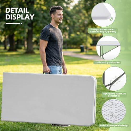 8FT Folding Table Portable Picnic Table Heavy-Duty Fold-in-Half Utility 8 Foot Foldtable Table with Carry Handle, alternate