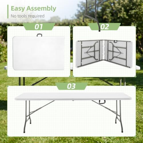 8FT Folding Table Portable Picnic Table Heavy-Duty Fold-in-Half Utility 8 Foot Foldtable Table with Carry Handle, alternate