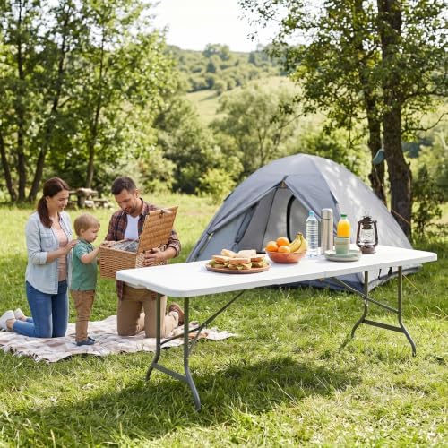 8FT Folding Table Portable Picnic Table Heavy-Duty Fold-in-Half Utility 8 Foot Foldtable Table with Carry Handle, alternate
