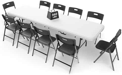 8FT Folding Table Set with 10 Chairs - Heavy-Duty 660 lb Table & 330 lb Chairs, Portable Folding Furniture
