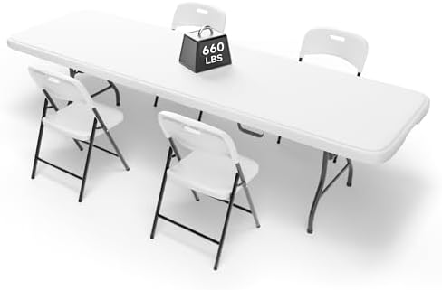 8FT Folding Table Set with 4 Chairs - Heavy-Duty 660 lb Table & 600 lb Chairs, Portable Foldable Furniture Set