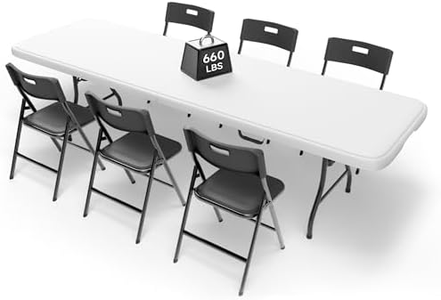 8FT Folding Table Set with 6 Chairs - Heavy-Duty 660 lb Table & 330 lb Chairs, Portable Folding Furniture Bundle