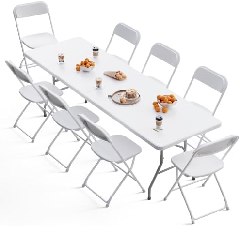 8FT Folding Table with 8 White Folding Chairs Set for Outdoor Use