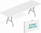 8ft Plastic Folding Table, 350 LBS Outdoor Heavy Duty Folding Tables with HDPE Tabletop, Handle, Lock, Foldable