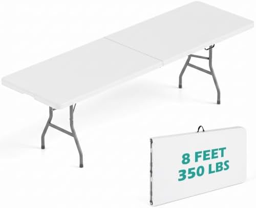 8ft Plastic Folding Table, 350 LBS Outdoor Heavy Duty Folding Tables with HDPE Tabletop, Handle, Lock, Foldable