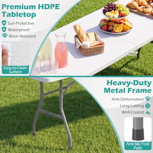 8ft Plastic Folding Table, 350 LBS Outdoor Heavy Duty Folding Tables with HDPE Tabletop, Handle, Lock, Foldable, alternate