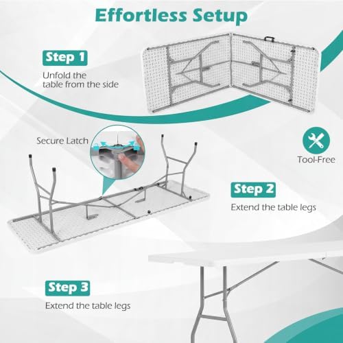 8ft Plastic Folding Table, 350 LBS Outdoor Heavy Duty Folding Tables with HDPE Tabletop, Handle, Lock, Foldable, alternate