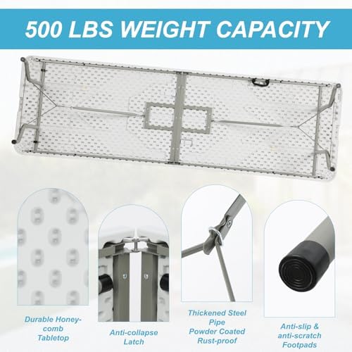 8FT Portable Commercial Plastic Folding Table, Heavy Duty, alternate view 6