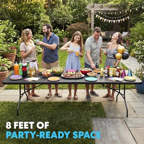 8ft Portable Plastic Folding Table - Indoor & Outdoor Heavy-Duty Foldable Utility Table w/Handle for Party &, alternate view