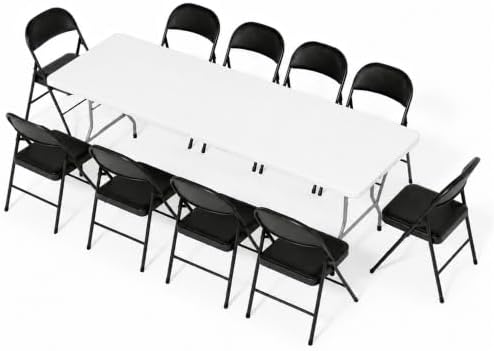 8FT White Plastic Folding Table Set with 10 Black PU Padded Chairs