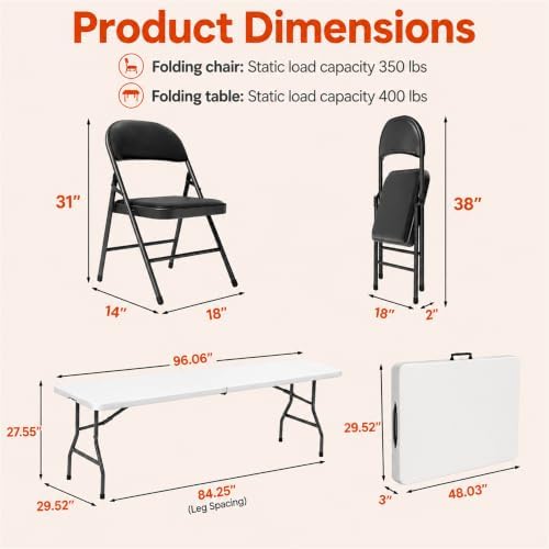 8FT White Plastic Folding Table Set with 10 Black PU Padded Chairs, alternate view 3