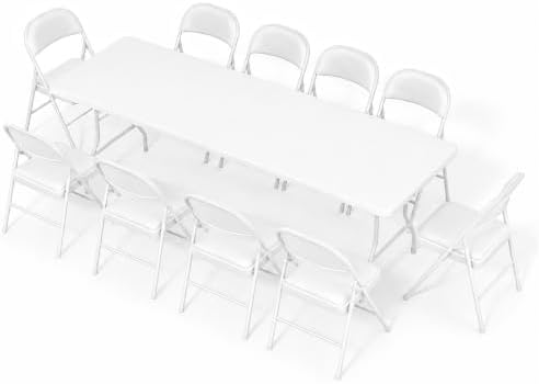 8FT White Plastic Folding Table Set with 10 White PU Padded Chairs