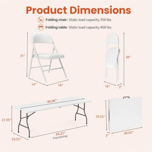 8FT White Plastic Folding Table Set with 10 White PU Padded Chairs, alternate view 3