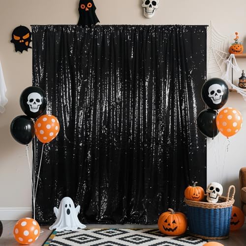 8Ft x 8Ft Black Sequin Backdrop, Glitter Thick Satin Background Drapes, Sparkly Opaque Photography Curtain