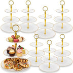8Pack 3 Tier Cupcake Stand Bulk, Plastic White 3 Tiered Dessert Stand with Gold Edges Thick Round Shape Serving