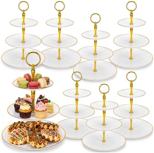 8Pack 3 Tier Cupcake Stand Bulk, Plastic White 3 Tiered Dessert Stand with Gold Edges Thick Round Shape Serving