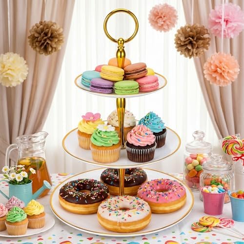 8Pack 3 Tier Cupcake Stand Bulk, Plastic White 3 Tiered Dessert Stand with Gold Edges Thick Round Shape Serving, alternate