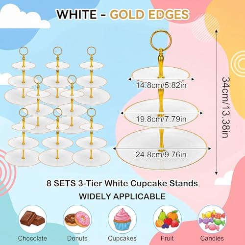 8Pack 3 Tier Cupcake Stand Bulk, Plastic White 3 Tiered Dessert Stand with Gold Edges Thick Round Shape Serving, alternate