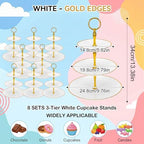 8Pack 3 Tier Cupcake Stand Bulk, Plastic White 3 Tiered Dessert Stand with Gold Edges Thick Round Shape Serving, alternate
