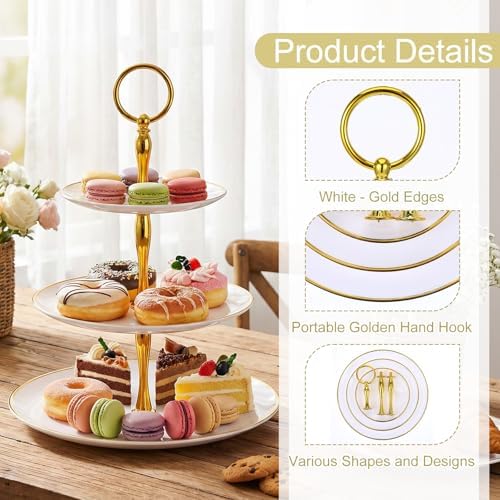 8Pack 3 Tier Cupcake Stand Bulk, Plastic White 3 Tiered Dessert Stand with Gold Edges Thick Round Shape Serving, alternate