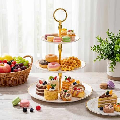 8Pack 3 Tier Cupcake Stand Bulk, Plastic White 3 Tiered Dessert Stand with Gold Edges Thick Round Shape Serving, alternate