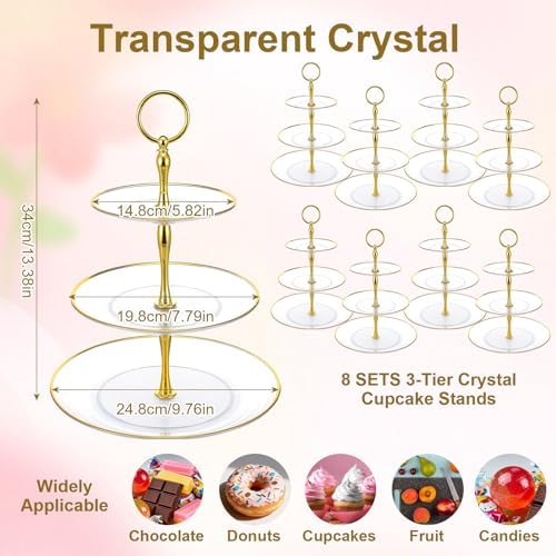8Pack Cupcake Stand, Dessert Stand, Clear, 3 Tier, Plastic in Clear-8Pcs, alternate view 3