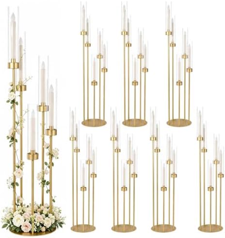 8PCS 39.37'' Gold Floor Candle Holders Centerpieces with Acrylic Shade in Gold