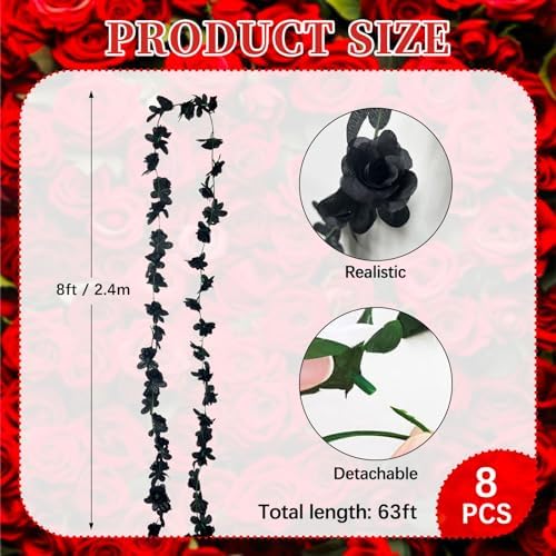 8Pcs 63Ft Black Rose Garland, Fake Rose Hanging Flowers, Artificial Flower Vine, Hanging Floral Vine Garland for, alternate