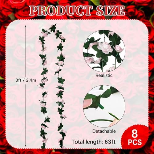 8Pcs 63Ft Light Pink Rose Garland, Fake Rose Hanging Flowers, Artificial Flower Vine, Hanging Floral Vine, alternate view 2