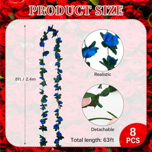 8Pcs 63Ft Royal Blue Rose Garland, Fake Rose Hanging Flowers, Artificial Flower Vine, Hanging Floral Vine, alternate view 2