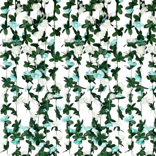 8Pcs 63Ft Teal&White Rose Garland, Fake Rose Hanging Flowers, Artificial Flower Vine, Hanging Floral Vine