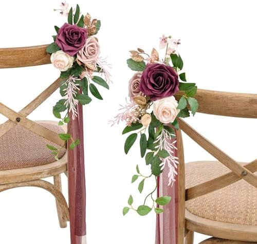8pcs Aisle Pew Artificial Flowers Arrangements for Wedding Ceremony Chair Back Floral Decorations with Chiffon
