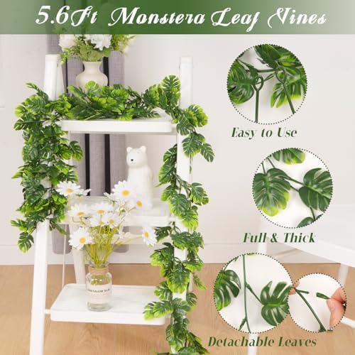 8Pcs Artificial Monstera Leaf Vines 5.6Ft Greenery Garland, alternate view 4