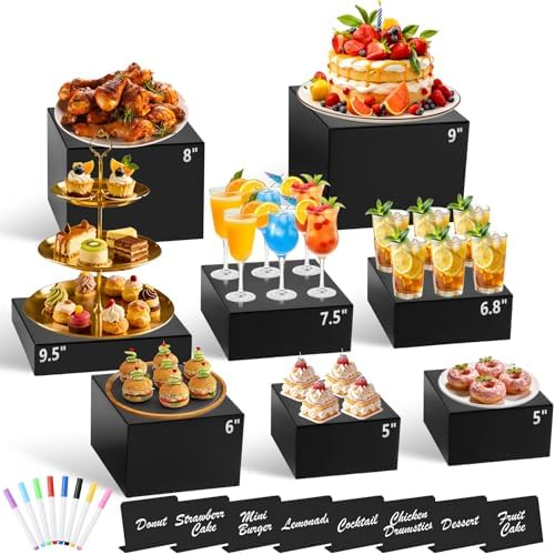 8Pcs Black Acrylic Buffet Risers with Mini Sign and Marker, Black Acrylic Risers for Party Catering Dessert