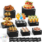 8Pcs Black Acrylic Buffet Risers with Mini Sign and Marker, Black Acrylic Risers for Party Catering Dessert