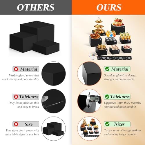 8Pcs Black Acrylic Buffet Risers with Mini Sign and Marker, Black Acrylic Risers for Party Catering Dessert, alternate view 5