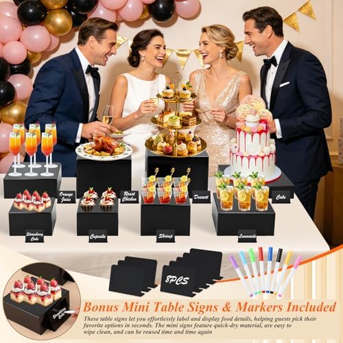 8Pcs Black Acrylic Buffet Risers with Mini Sign and Marker, Black Acrylic Risers for Party Catering Dessert, alternate view 6