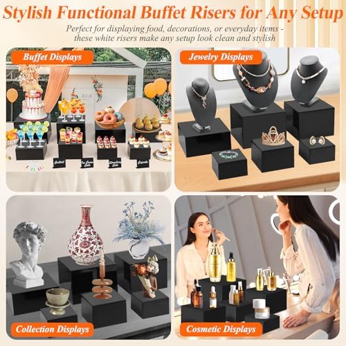 8Pcs Black Acrylic Buffet Risers with Mini Sign and Marker, Food Display Risers for Party Catering Dessert, alternate view 4
