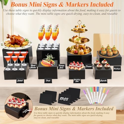 8Pcs Black Acrylic Buffet Risers with Mini Sign and Marker, Food Display Risers for Party Catering Dessert, alternate view 6