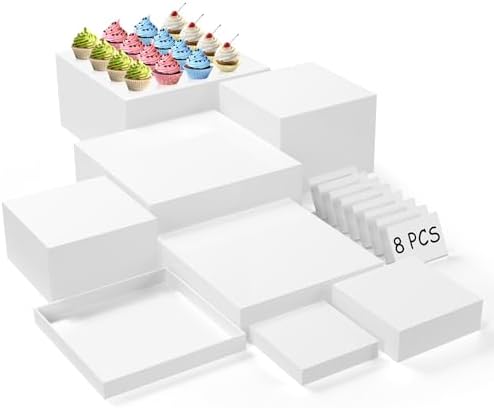 8PCS Buffet Risers, Acrylic Large Food Risers with Mini Signs, Buffet Table Acrylic Cube Display Stands Box