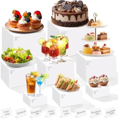 8PCS Buffet Risers, White Acrylic Risers for Buffet Table with Mini Sign in White