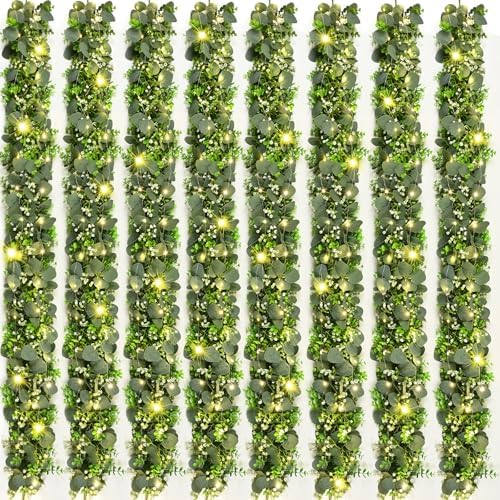 8Pcs Eucalyptus Garland with Lights, Greenery Garland, Green Garland with Flowers, 5.9FT Artificial Faux